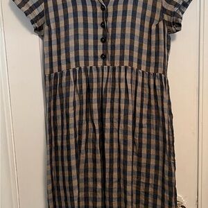 Pyne & Smith Small Linen Day Dress With Pockets In Islay Check Blue Tan